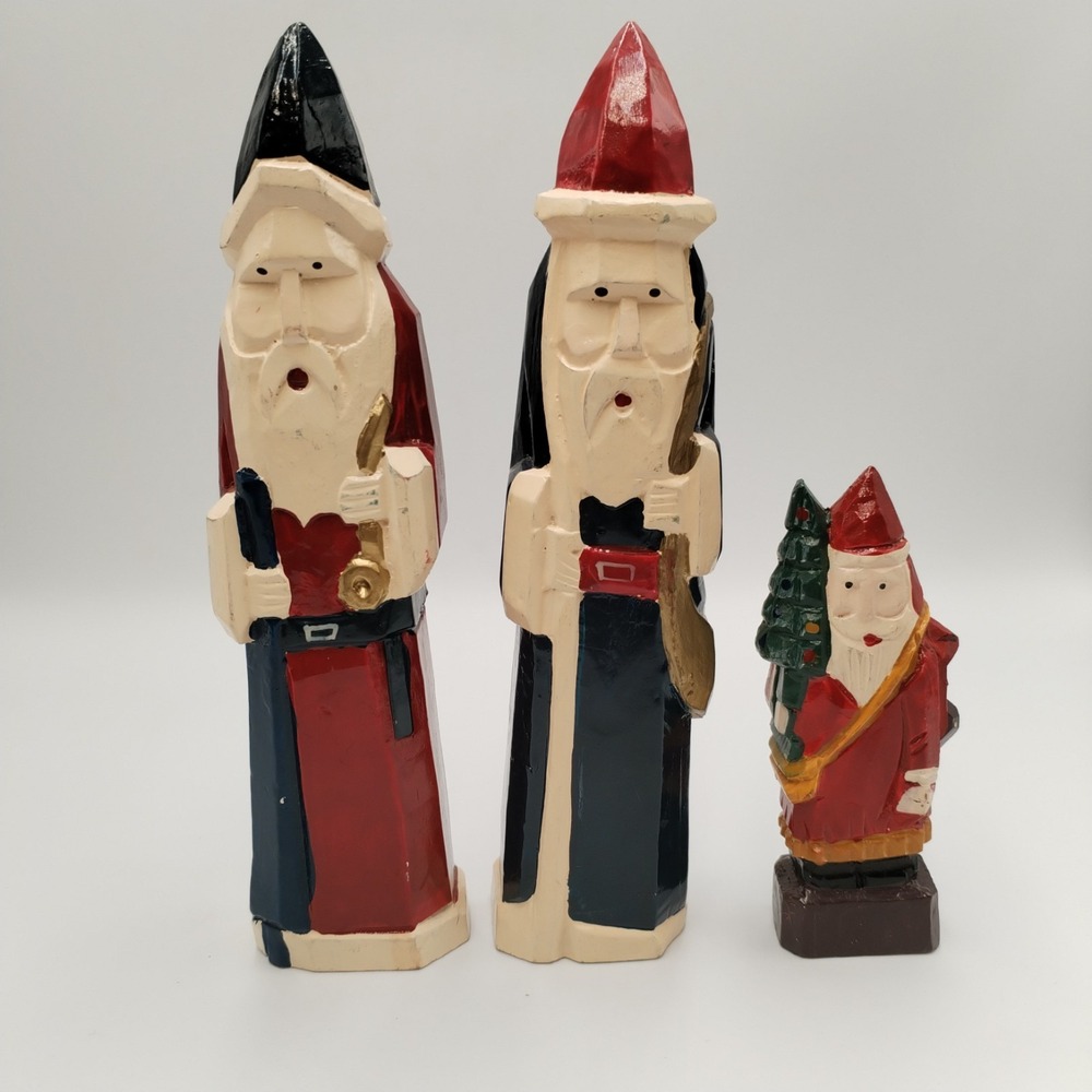 Vtg Hand Carved Wood Santa Claus Figures Lot 3 Folk Art Hand Painted Christmas